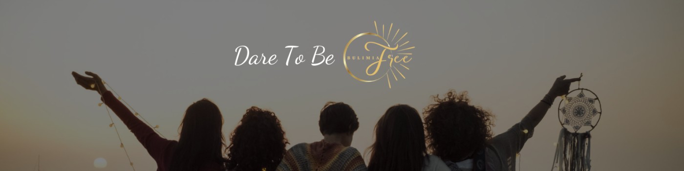 The old Bulimia Free brand — gold cursive 'Dare To Be Free' logo over a soft sunset