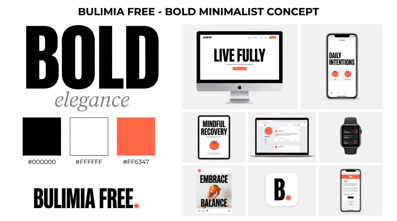 Bulimia Free bold minimalist brand board with type, color and application mockups