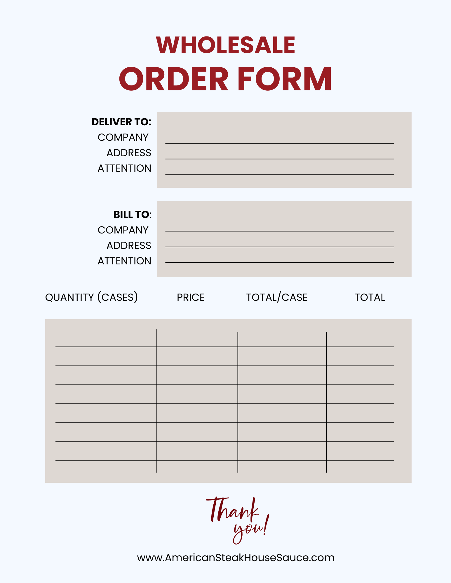 Reverse of the wholesale order form with deliver-to and bill-to fields and a quantity table