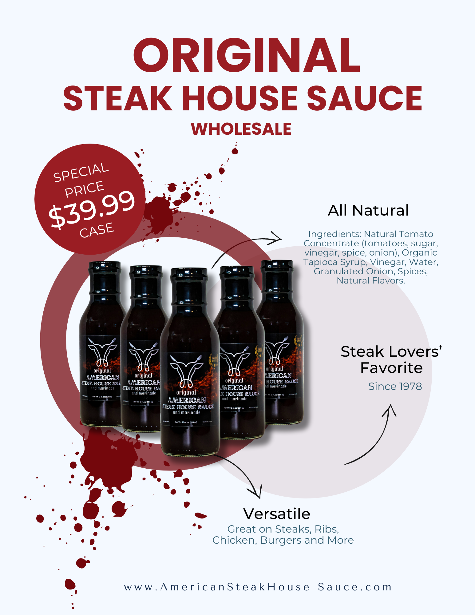 Original Steak House Sauce wholesale flyer with five bottles and product callouts